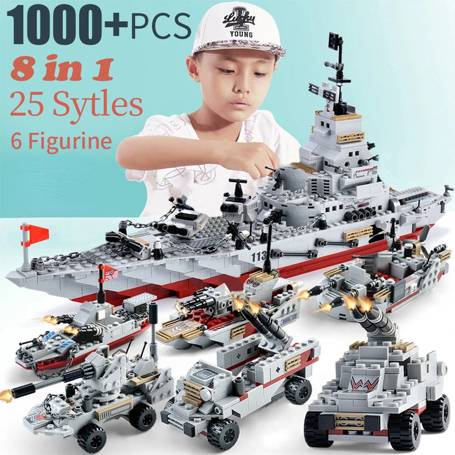 Navy War Chariot Ship Army Boat & Plane Model Building Blocks Set Hover Image