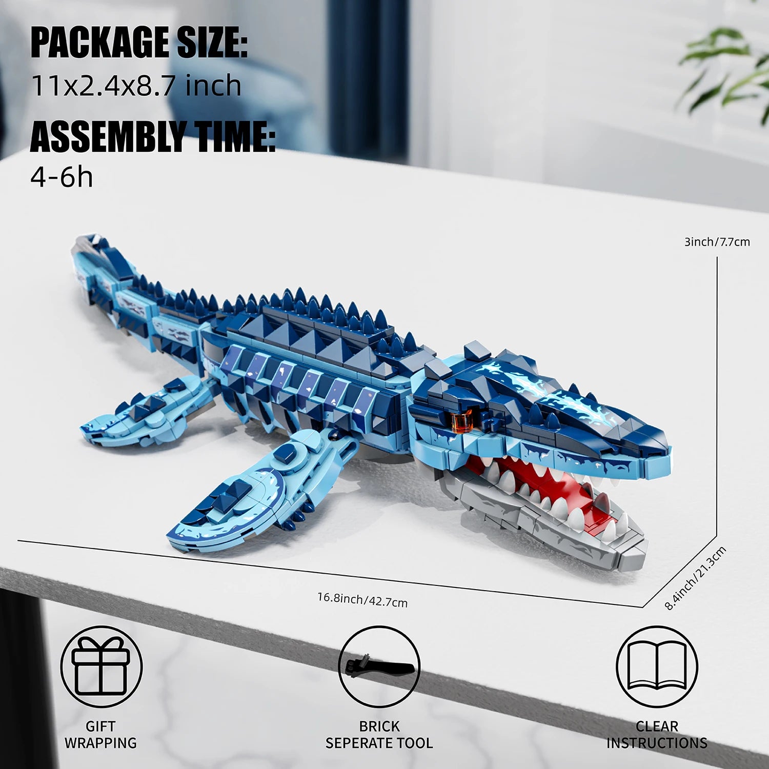 Blue Dinosaur Building Blocks Mosasaurus Model