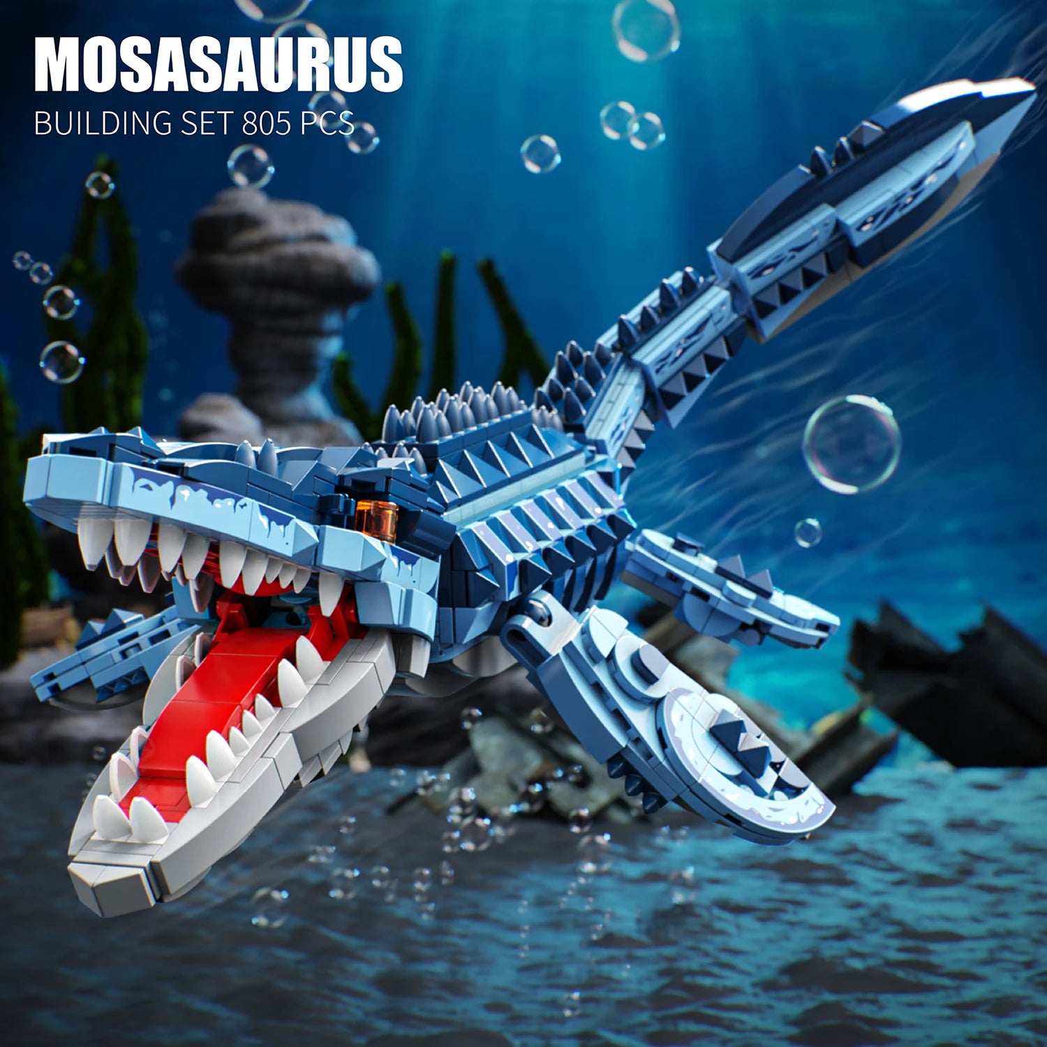 Blue Dinosaur Building Blocks Mosasaurus Model