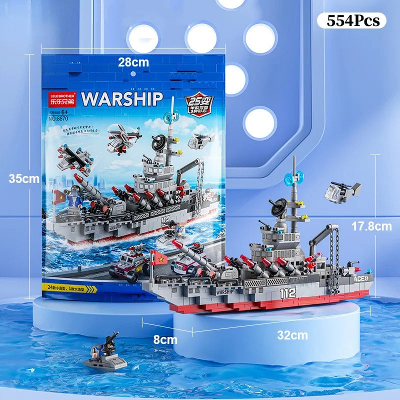 Navy War Chariot Ship Army Boat & Plane Model Building Blocks Set