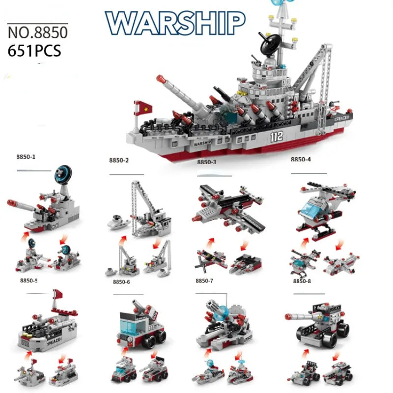 Navy War Chariot Ship Army Boat & Plane Model Building Blocks Set
