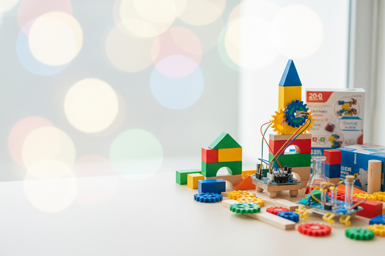 Artistic image of colorful building toys and DIY kits placed on the right side of the frame, left side clean and softly blurred to allow readable text. Bright, cheerful colors, minimal composition, no faces, educational toy theme.