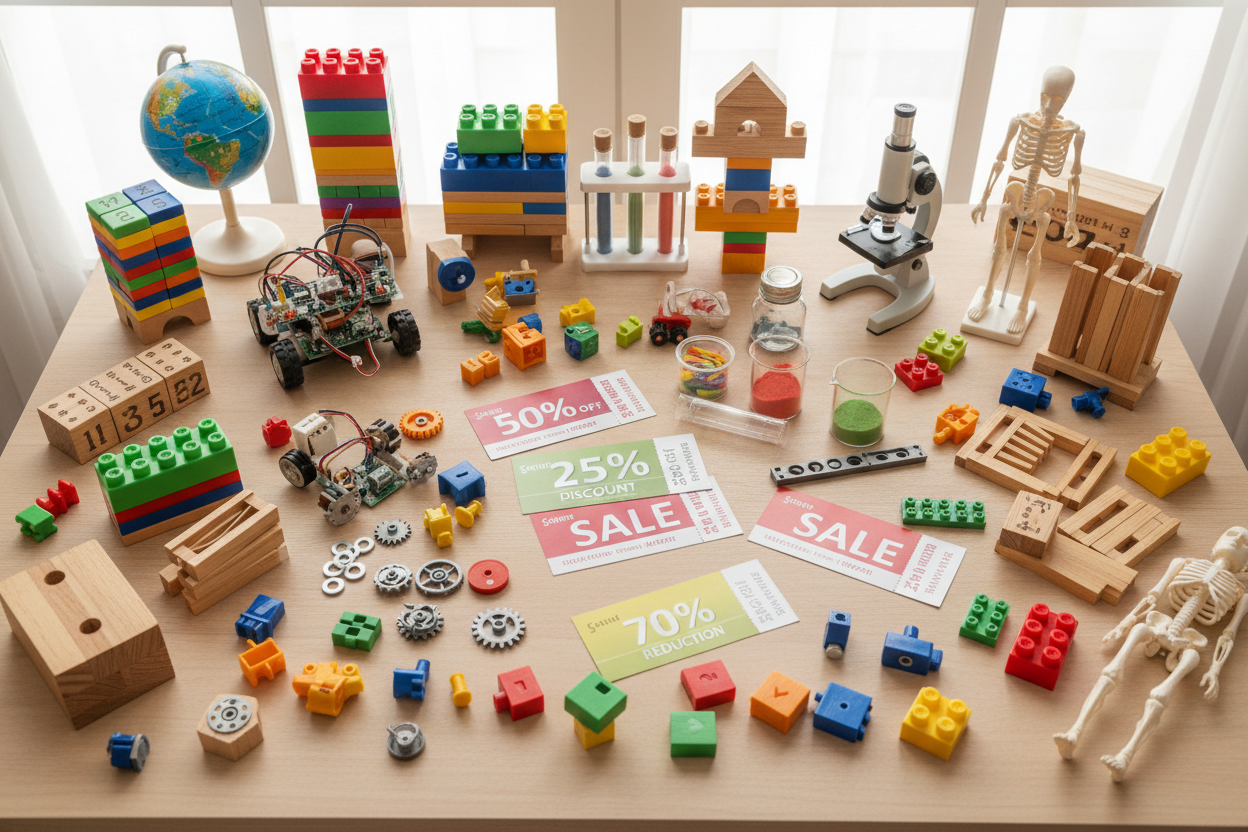 Building and stem and diy toys on the table with discount vouchers also on the table