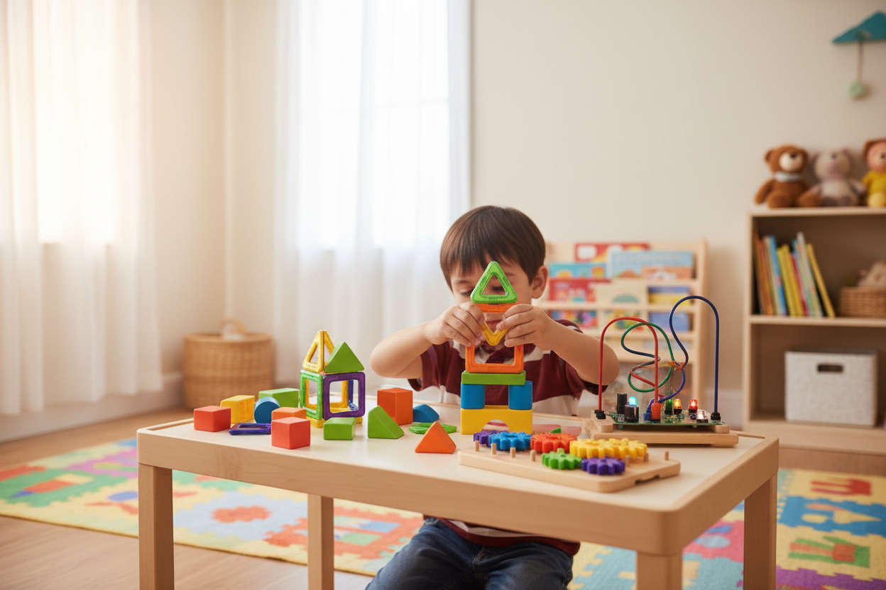 Child happily playing with colorful building blocks and STEM toys on a table, bright natural light, warm uplifting mood, clean playroom background, hands-on learning focus, no clear facial details, vibrant colors, engaging activity.