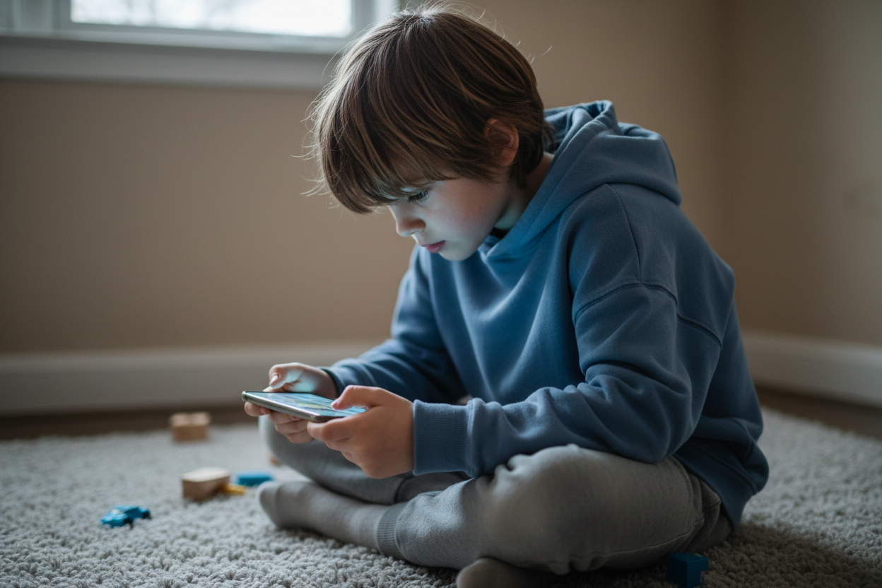 Child sitting indoors holding a smartphone with bored or passive body language, soft neutral lighting, simple background, slightly dim mood, modern lifestyle photography, focus on screen-time behavior, no faces clearly visible.