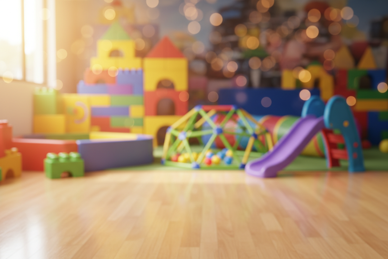 Kids’ physical play environment with toys and activity sets in the background, softly out of focus, foreground left intentionally clean and bright for text overlay. Warm, energetic atmosphere, soft bokeh effect, no recognizable faces.