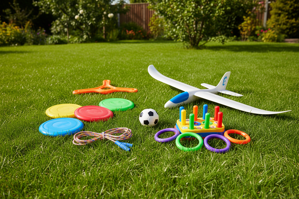 “Outdoor scene with modern kids’ activity toys on grass — colorful frisbees, boomerang, foam glider airplane, ring toss set, mini soccer ball, skipping rope — arranged neatly, bright sunlight, vibrant colors, no baby toys, no children, high-quality 4K lifestyle photo.