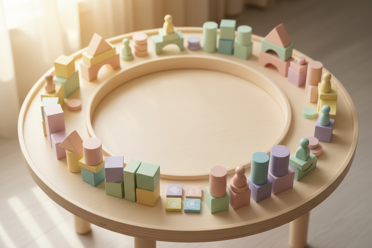 Top-down view of a children’s play table with wooden building blocks and board game pieces arranged neatly on the edges, center area softly blurred and empty for text overlay, warm natural lighting, playful yet minimal, no children visible, pastel color tones.